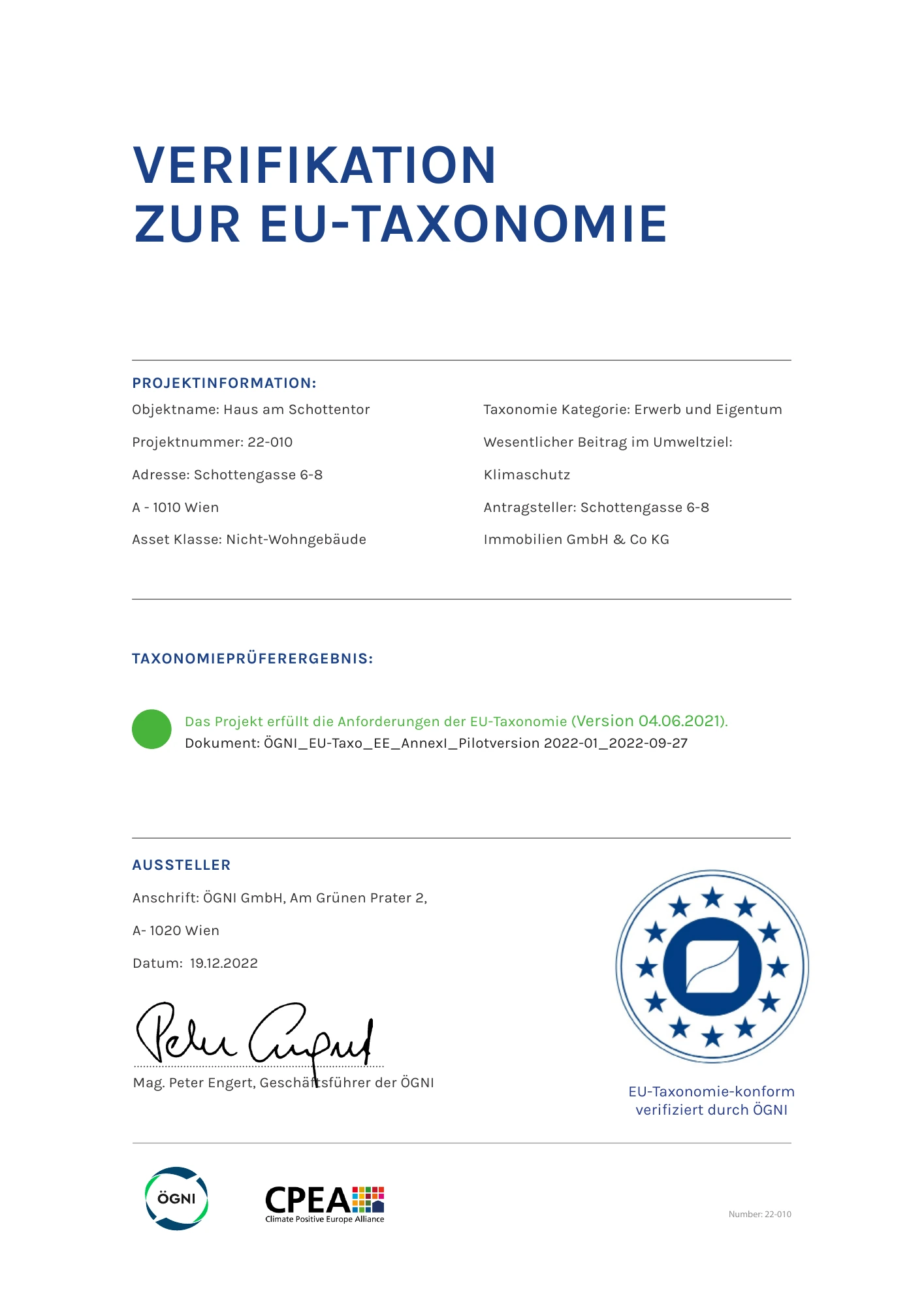 Haus am Schottentor · ÖGNI EU Taxonomy verification 2022