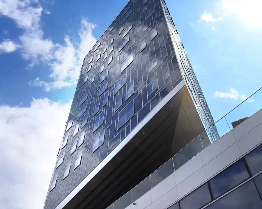 P2 tower viewed from below against a blue sky